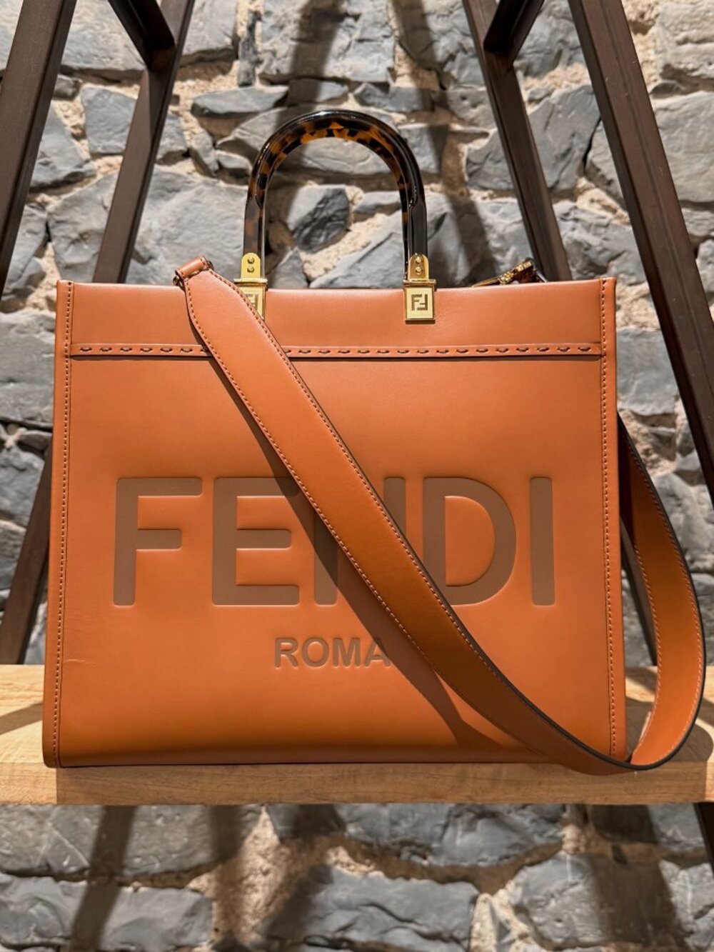 Fendi Brown Leather Logo Embossed Medium Sunshine Shopping Tote Bag